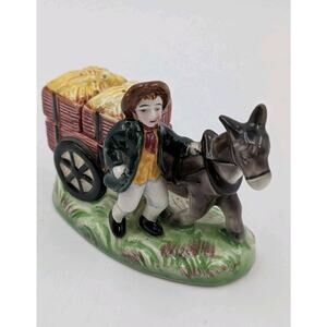 Vintage Japan Donkey Cart Boy Figurine w/ Hay Bale Salt & Pepper Shakers
